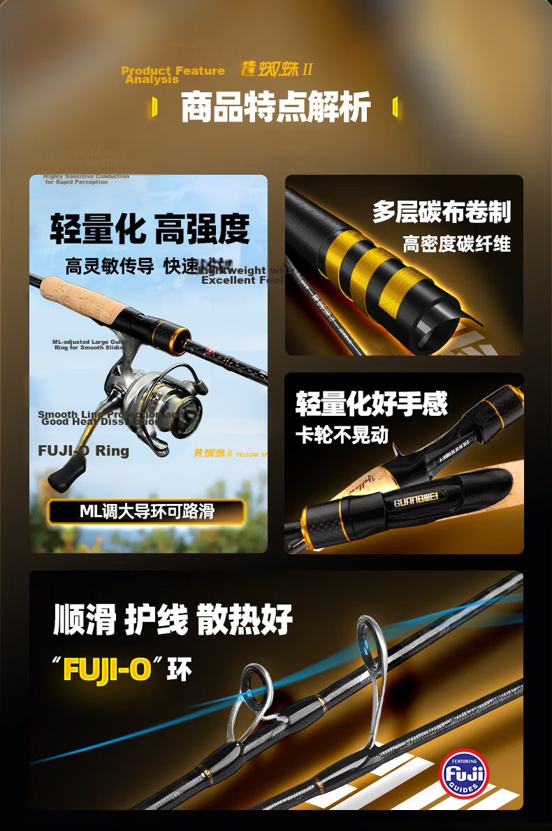 GW 2.1m Yellow Spider 2nd Gen ML Straight Handle Spinning Reel Universal Lure Rod Set with Large Guide Ring Smooth Rod Fishing Rod 3