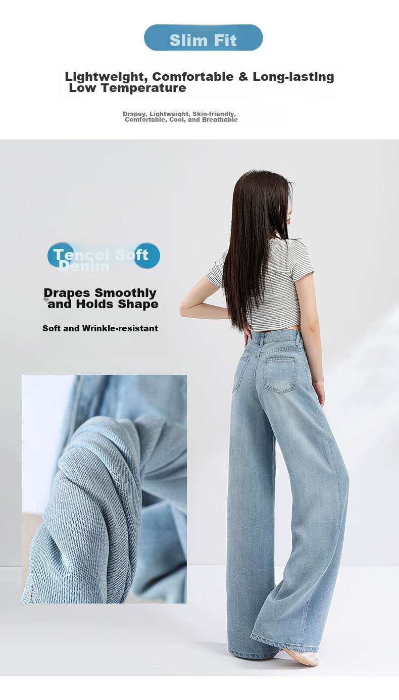 Jeanswest Women's Summer Soft Tencel High-Waist Draped Lyocell Wide-Leg Straight Pants Light Blue Tencel Lyocell L 4