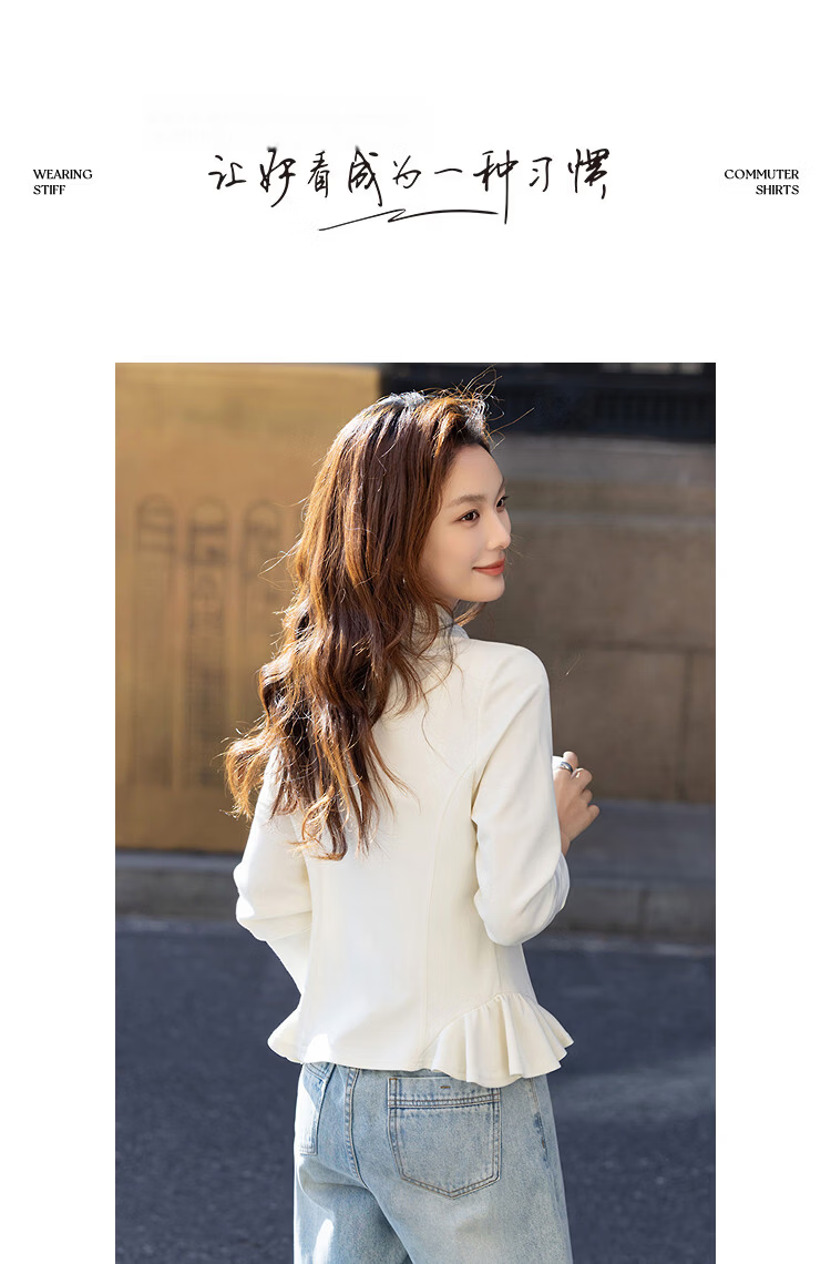 Demana Sandwashed Air Layer Spring Korean Style Stand Collar Ruffle Slim Fit Petite Women's Casual Jacket 10