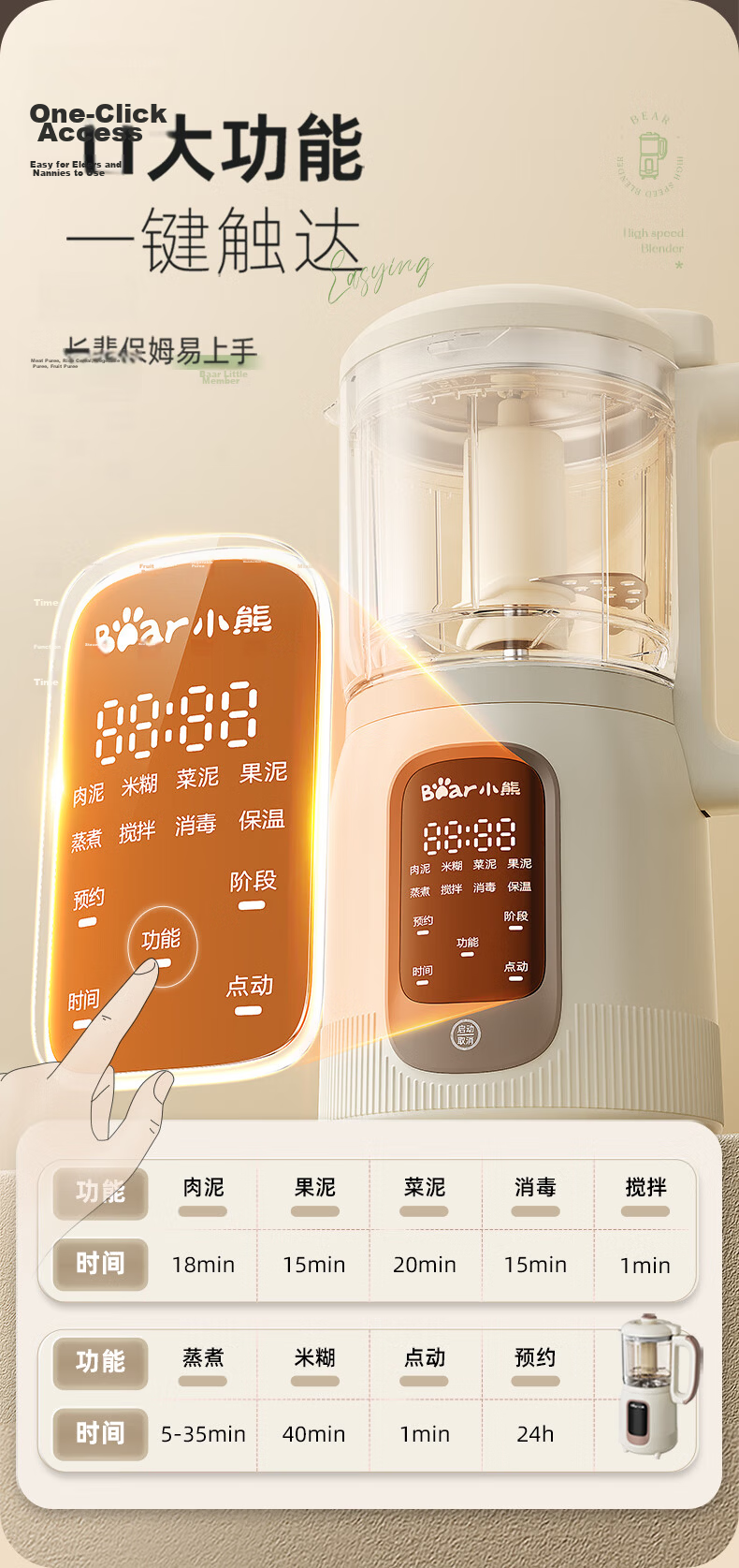 Bear Baby Food Processor Upgraded 316 Stainless Steel Shaft Multifunctional Garlic Grinder Meat Mincer 8-Blade Single Cup Single Knife 23