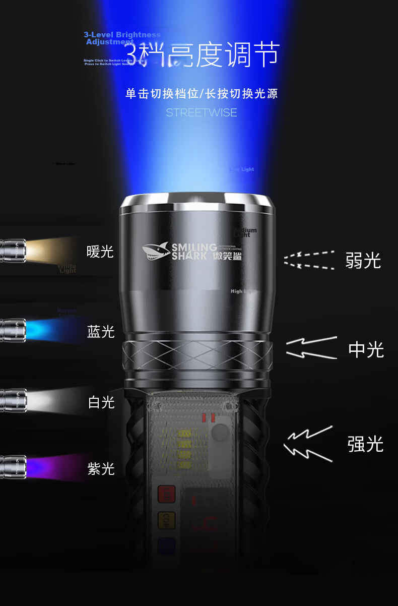 Smile Shark 3002 Blue Light Night Fishing Lamp High Power Rechargeable Outdoor Fishing Bait Lamp Super Bright Flashlight 6