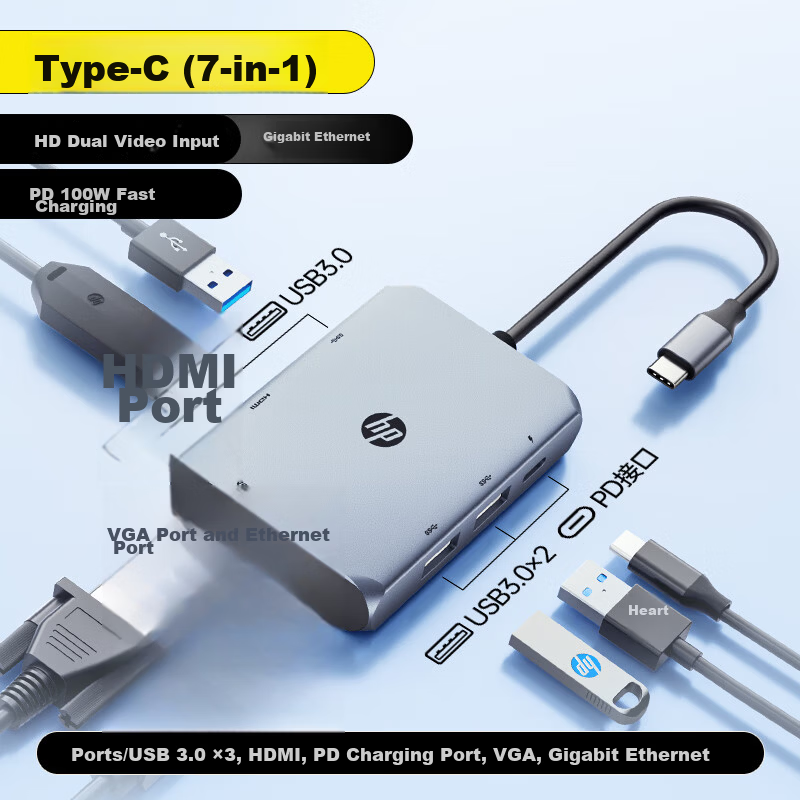 HP Type-C Docking Station Ethernet Adapter Card Reader USB Hub HDMI to VGA 100W Fast Charging Dock for Apple MacBook Laptop