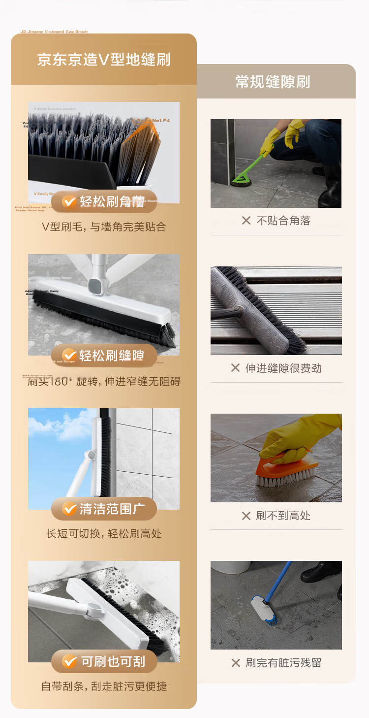 JD Jingzao V-Shaped Gap Floor Brush Household Long Handle Scraper Floor Cleaning Tool Toilet Bathroom Cleaning Brush 2