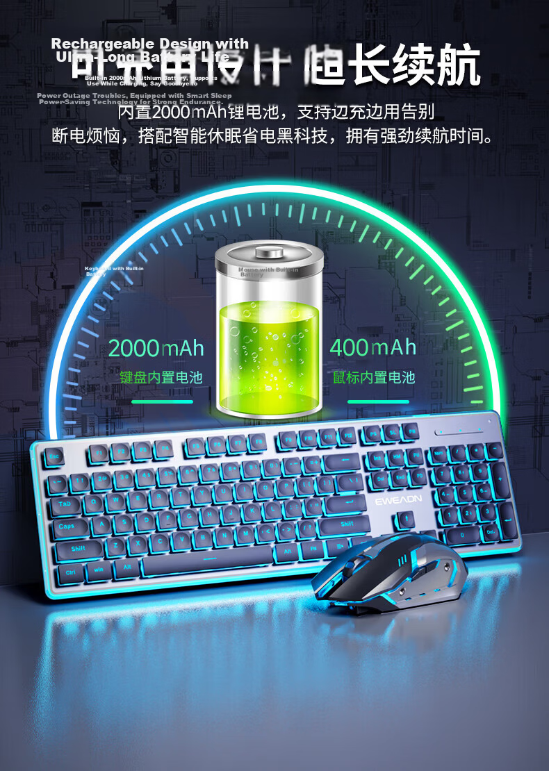 EWEADN X7S Wireless Keyboard Single Mode 2.4G True Mechanical Feel 104-Key Low-Profile Office Keyboard Compatible with Desktop and Laptop Rechargeable Membrane Keyboard Black Blue Light 2