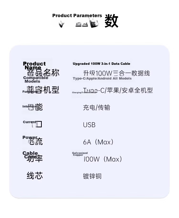 3-in-1 Data Cable 6A Fast Charging 100W Multi-Charger Cable Compatible with iPhone Apple Type-C Huawei Xiaomi Car Charger 1m 15