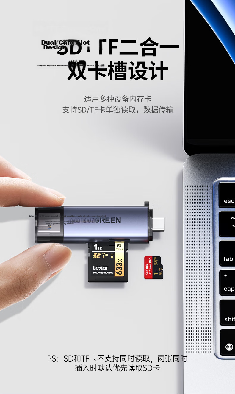 UGREEN USB/Type-C 3.0 High-Speed Card Reader SD/TF Dual Card Compatible with PC, Tablet, Phone, DJI Pocket 4/3 Drone, Apple 17/16, Sports Camera 4