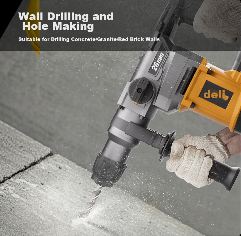 Deli Dual-Purpose Heavy-Duty Electric Hammer, High-Power Impact Drill, Multi-Functional Electric Drill, Hammer And Pickaxe Combo, Concrete Cutting Set 7