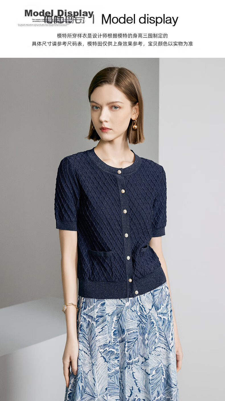 YANYEE Black Crew Neck Knit Top Women 2024 Summer Casual Simple Versatile Shiny Short Sleeve Shirt Dark Blue XXL/44 8