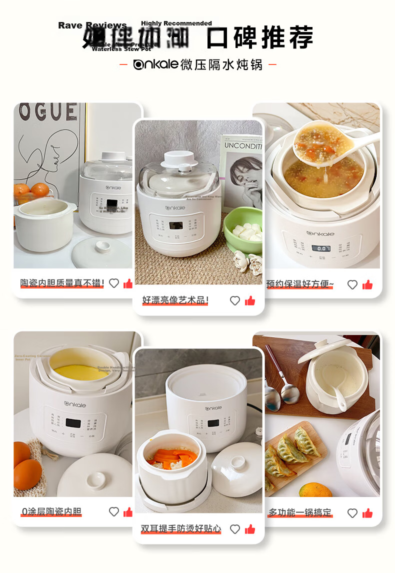 Ankale Micro Pressure Electric Stew Pot 1L Multifunctional Ceramic Inner Pot Electric Stewing Cooker Soup Pot Porridge Bird's Nest Baby Food AJL-10D02 1