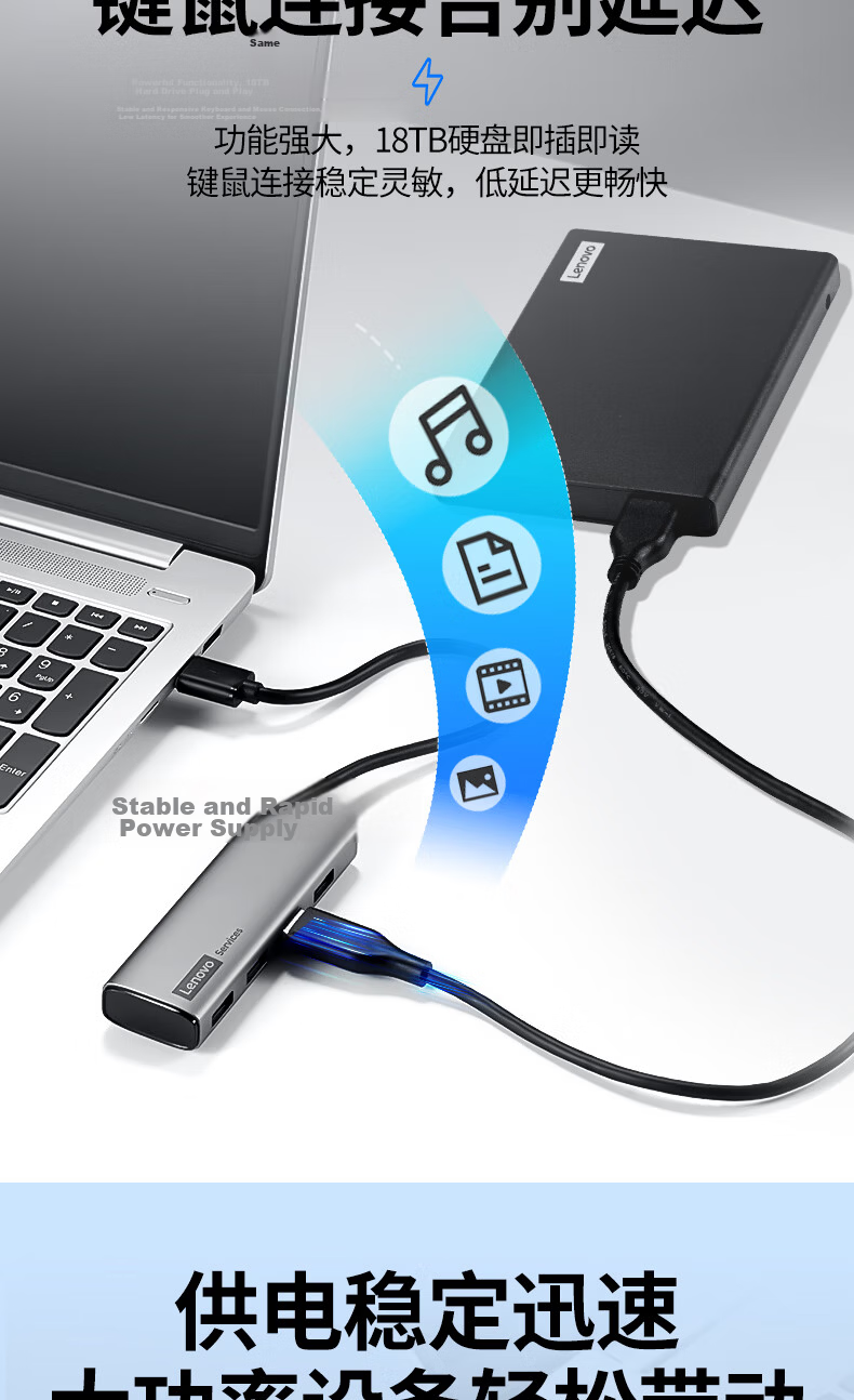 Lenovo Type-C Hub, USB Hub with Multiple Ports, Adapter Dock, USB Extender Cable, Laptop Expansion Dock Converter BY02C-3.0 (Metal) 3