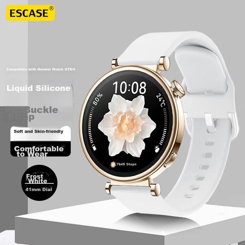 ESCASE Silicone Watch Strap for Huawei GT7/6/5/4, 41mm Women's Skin-Friendly Sweat-Resistant Sports Band, Dust-Resistant Frost White, 18mm Width