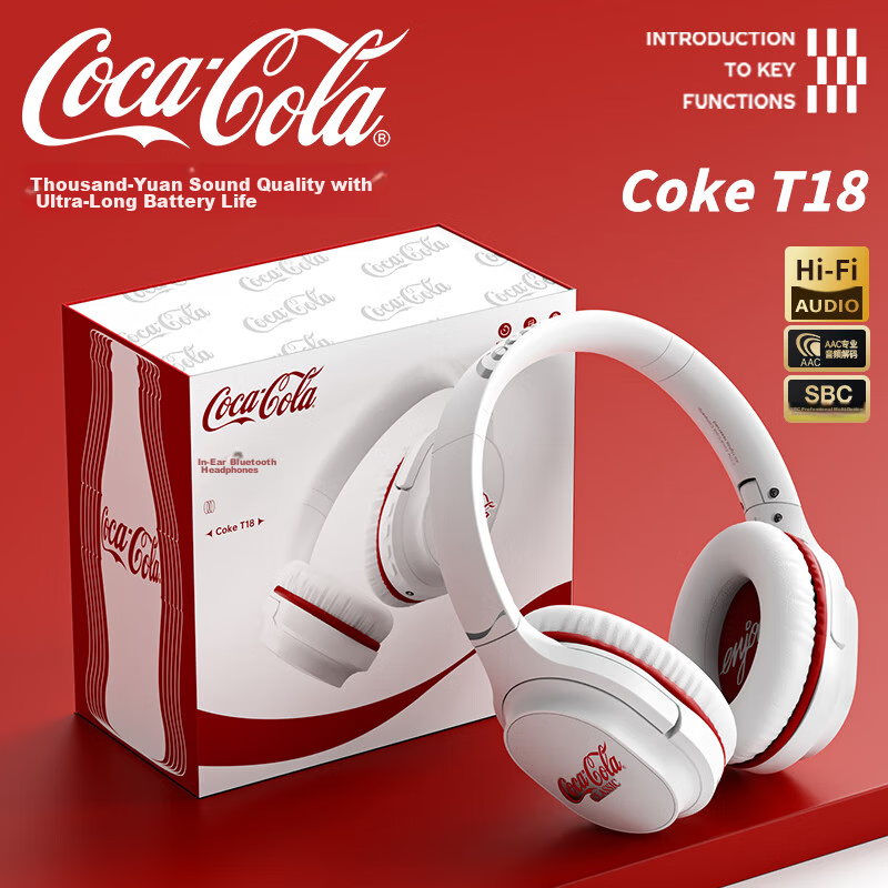 Coca-Cola T18 Bluetooth Headphones Over-Ear Gaming Sports Running Wireless Earbuds Long Battery Life 2026 Latest Model Unisex Student Gift Compatible with Apple Huawei Xiaomi