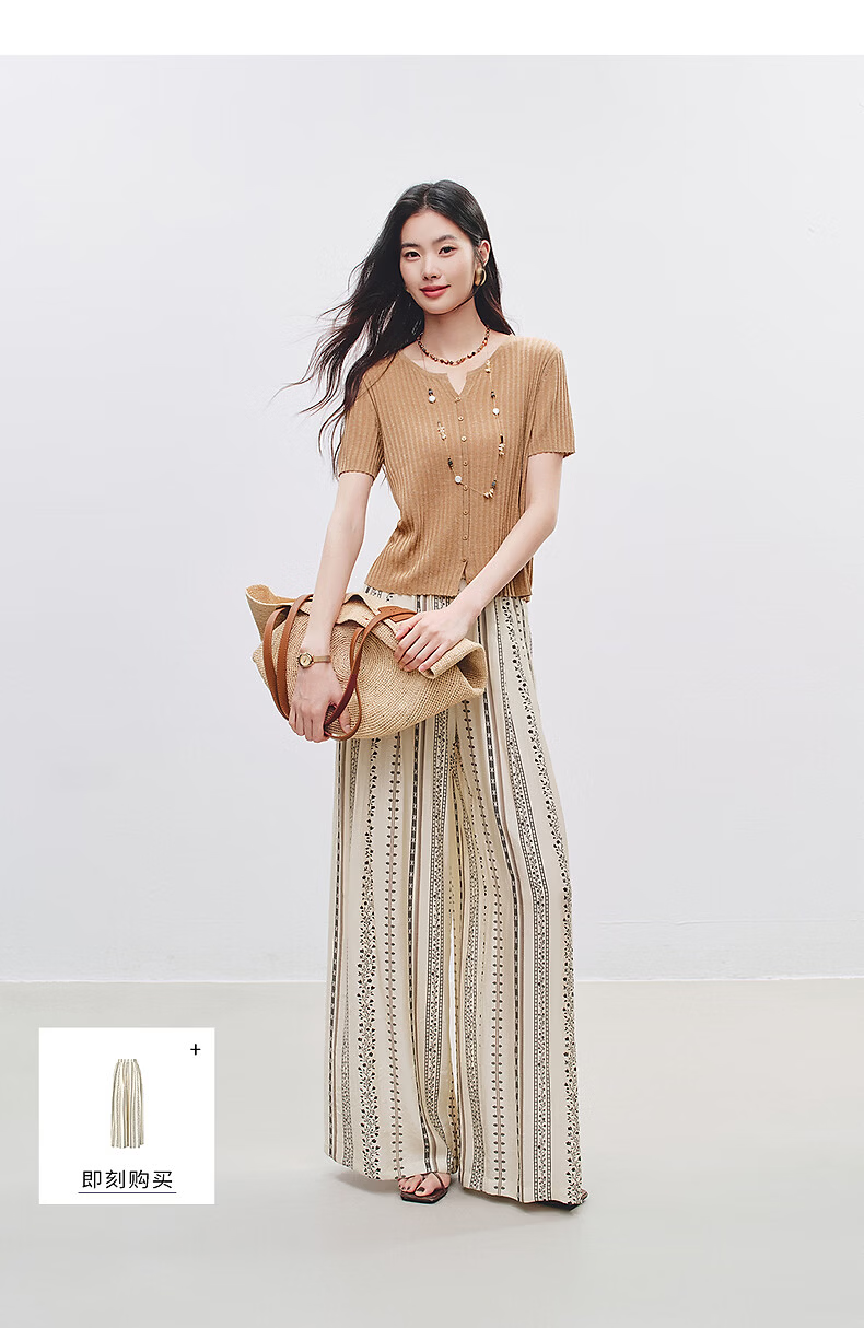 Yixiang Liying Solid Color Short Sleeve Linen Knitwear Women's New Soft Skin-Friendly Shoulder Fitting Top Milk Almond Beige L 27