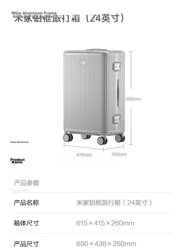 Mijia Xiaomi Luggage, 26-Inch Aluminum Frame Suitcase, Large Capacity Travel Case, Unisex Spinner Wheels, Password Lock, Silver Color 20