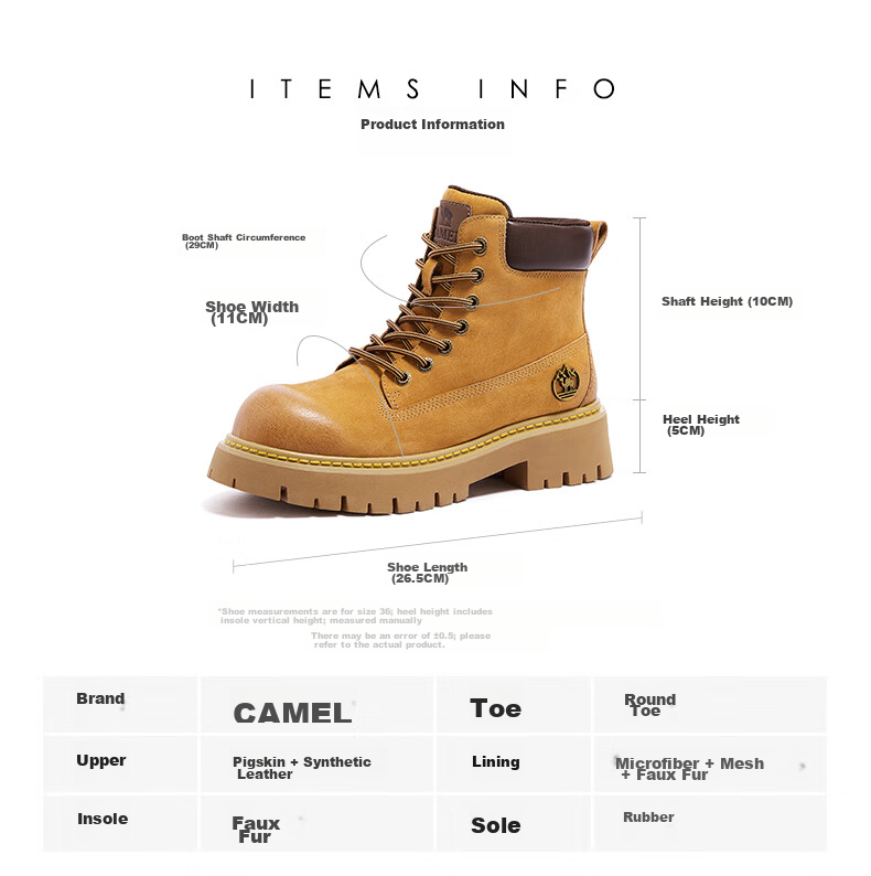 CAMEL [Shanyue] Women's Work Boots, Trendy Thick-Soled Martin Boots, L25W076018A, Khaki (Suede), Size 36 52