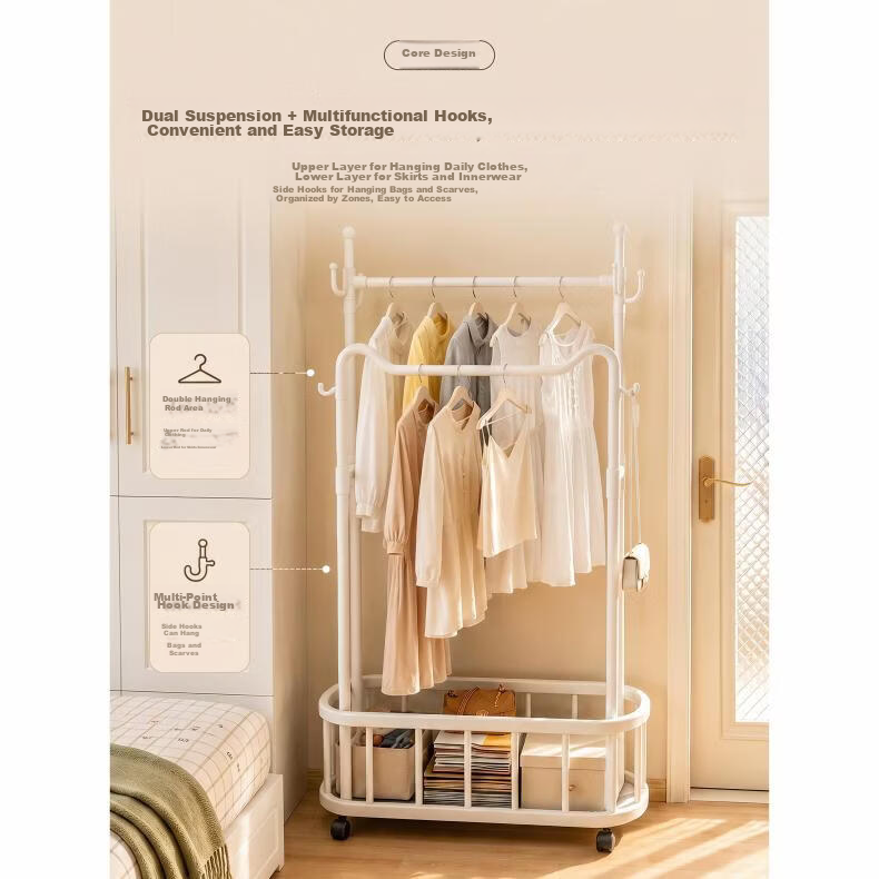 HaixiFang Floor Coat Rack with Wheels Cat Ear Design Double Rod 80cm White for Bedroom Balcony Small Spaces HL22 3