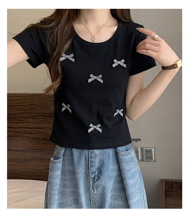 TonLion 2026 Summer New Short Sleeve T-Shirt for Women Black Bow Design Casual Early Spring Youthful Style 7