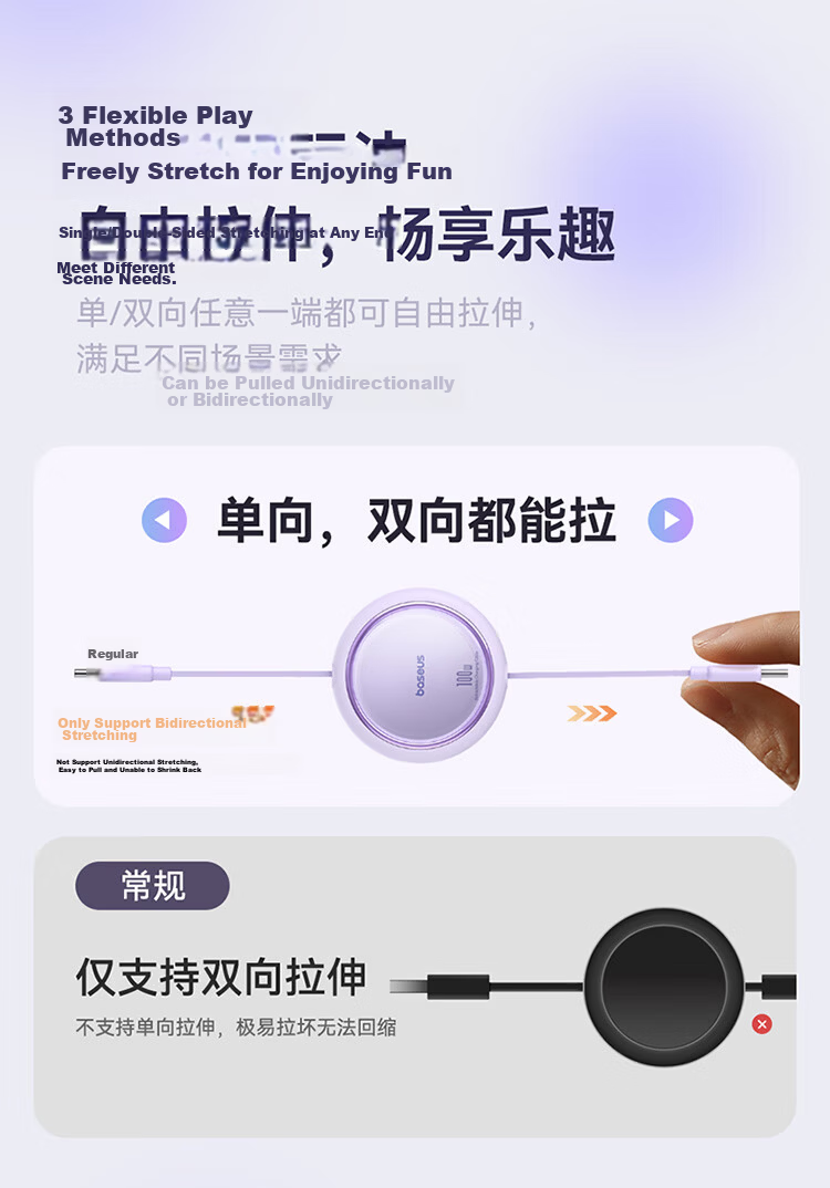 BASEUS Retractable Dual-Head Type-C Data Cable, PD100W Charging Cable, Ctoc Car Fast Charger, Compatible with Apple 15/16/17 IPad/macbook, Huawei Laptops 3