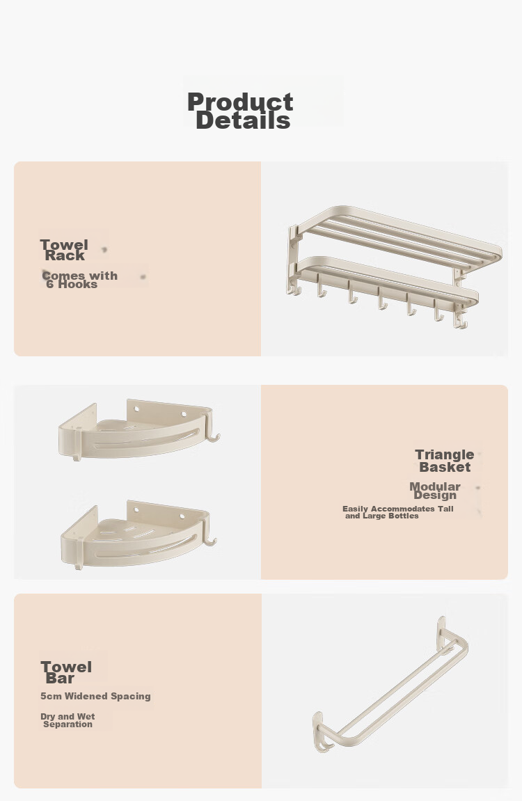 JD Original Cream Series, No-Drill Hair Dryer Holder, Adhesive Wall-Mounted Hook, Space Aluminum Bathroom Corner Rack 9