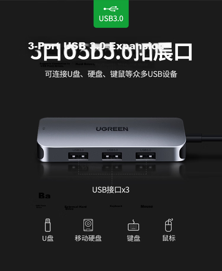 UGREEN Type-C Expansion Dock, HDMI Hub, USB Splitter, 4K60Hz Screen Mirroring, Network Port Converter, Ethernet Adapter, Compatible with Apple MacBook Air/Huawei Lenovo 4