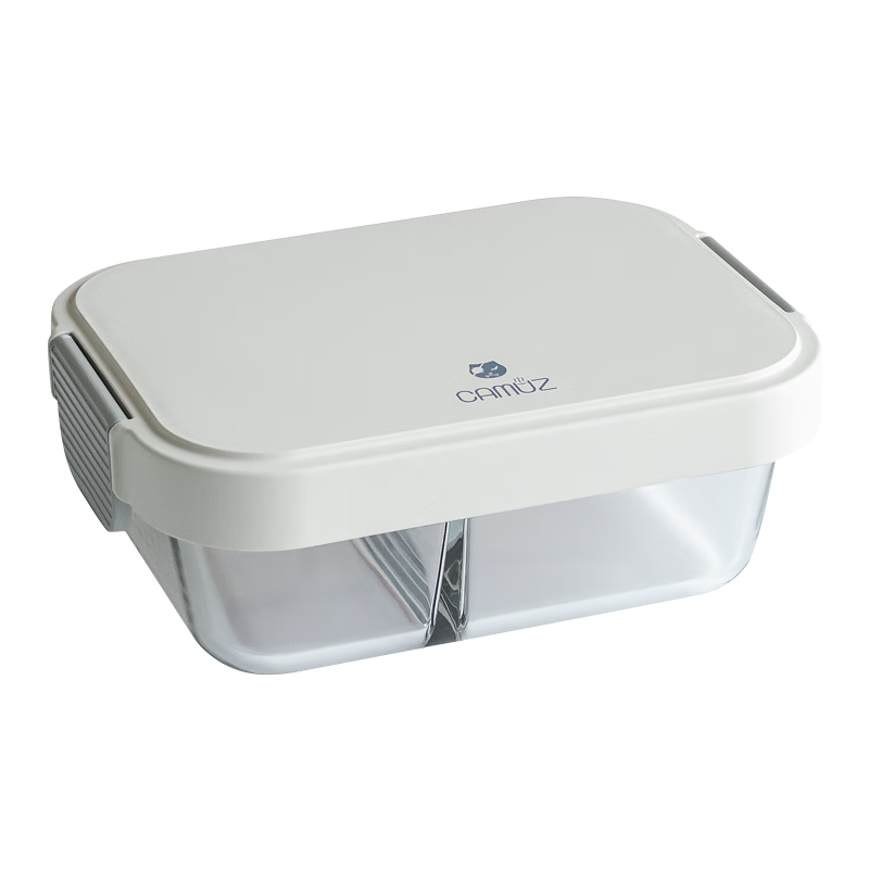 CAMUZ Glass Lunch Box Heat-Resistant Fresh-Keeping Microwaveable Large Capacity White 3-Compartment Bento Box for Office Workers
