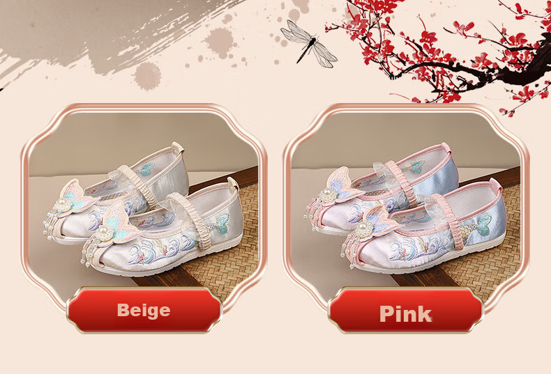 Romon Children's Embroidered Shoes Chinese Style Spring Autumn Tang Suit Performance Cloth Shoes Summer Hanfu Girls Shoes Pink Size 34 6