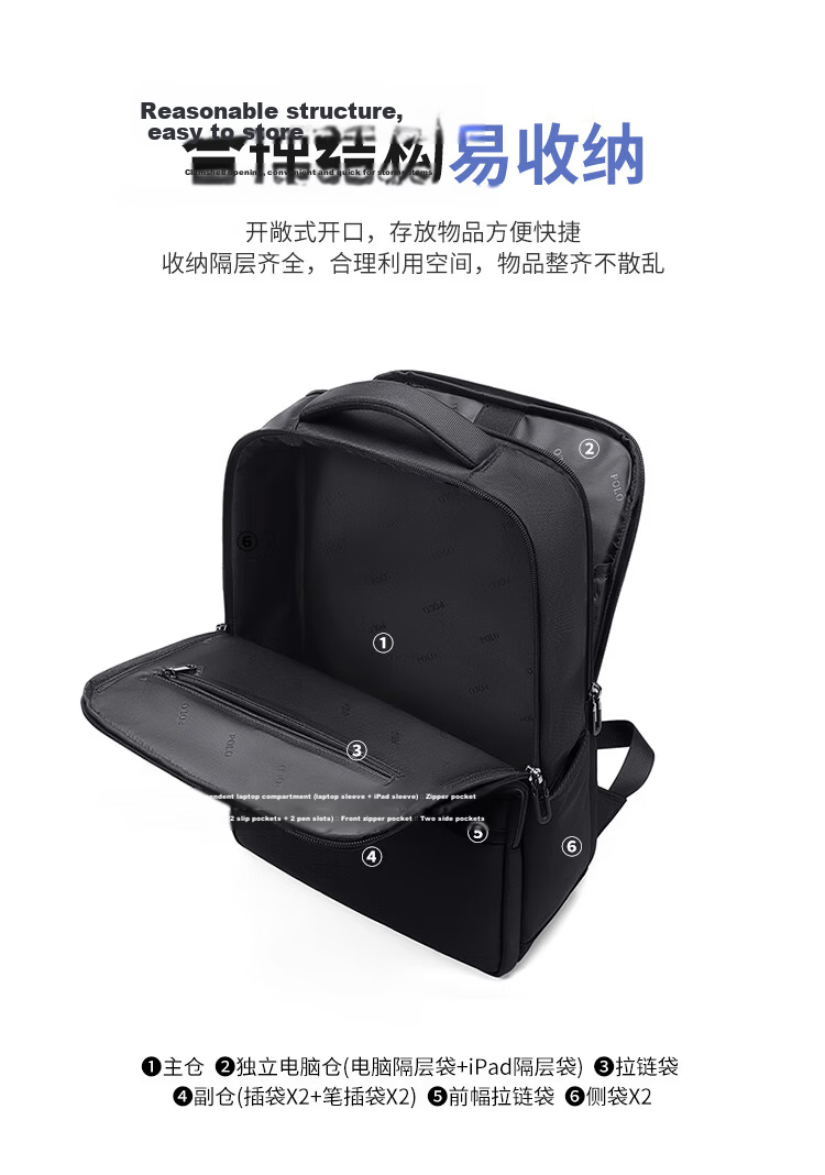 POLO Men's Business Backpack 15.6/16 Inch Laptop Bag Large Capacity Commuter Travel Bag 10