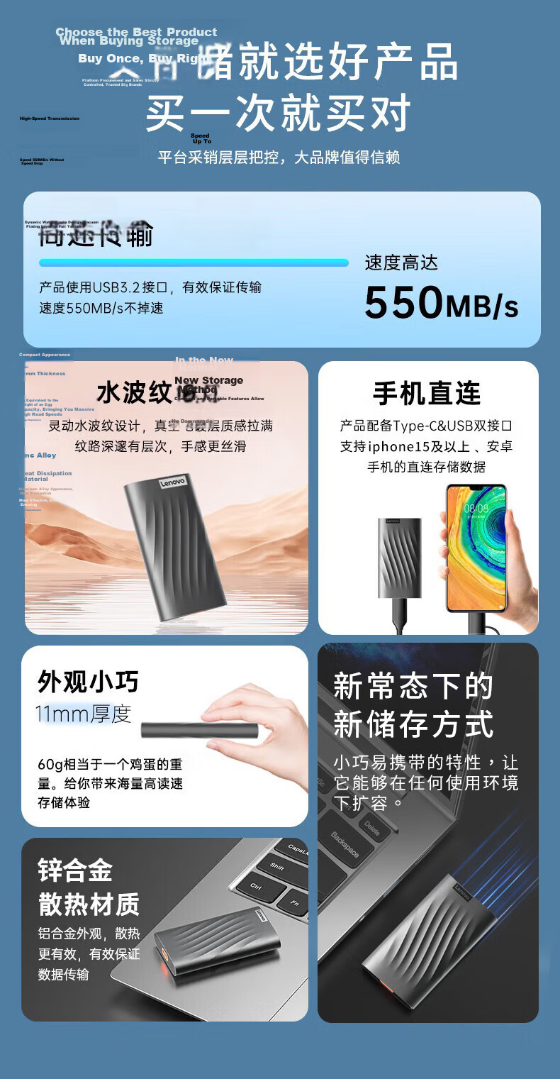 Lenovo 1TB Portable Solid State Drive (PSSD), Type-C USB 3.1, 550MB/s High-Speed SSD, Dual Interface, PS6 Direct Phone Connectio 2