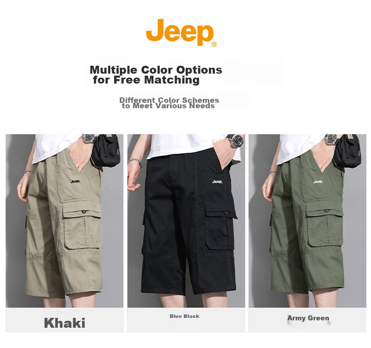 JEEP Men's Cotton Cargo Shorts Seven-Point Pants Summer Lightweight Loose Multi-Pocket Khaki 5XL 10