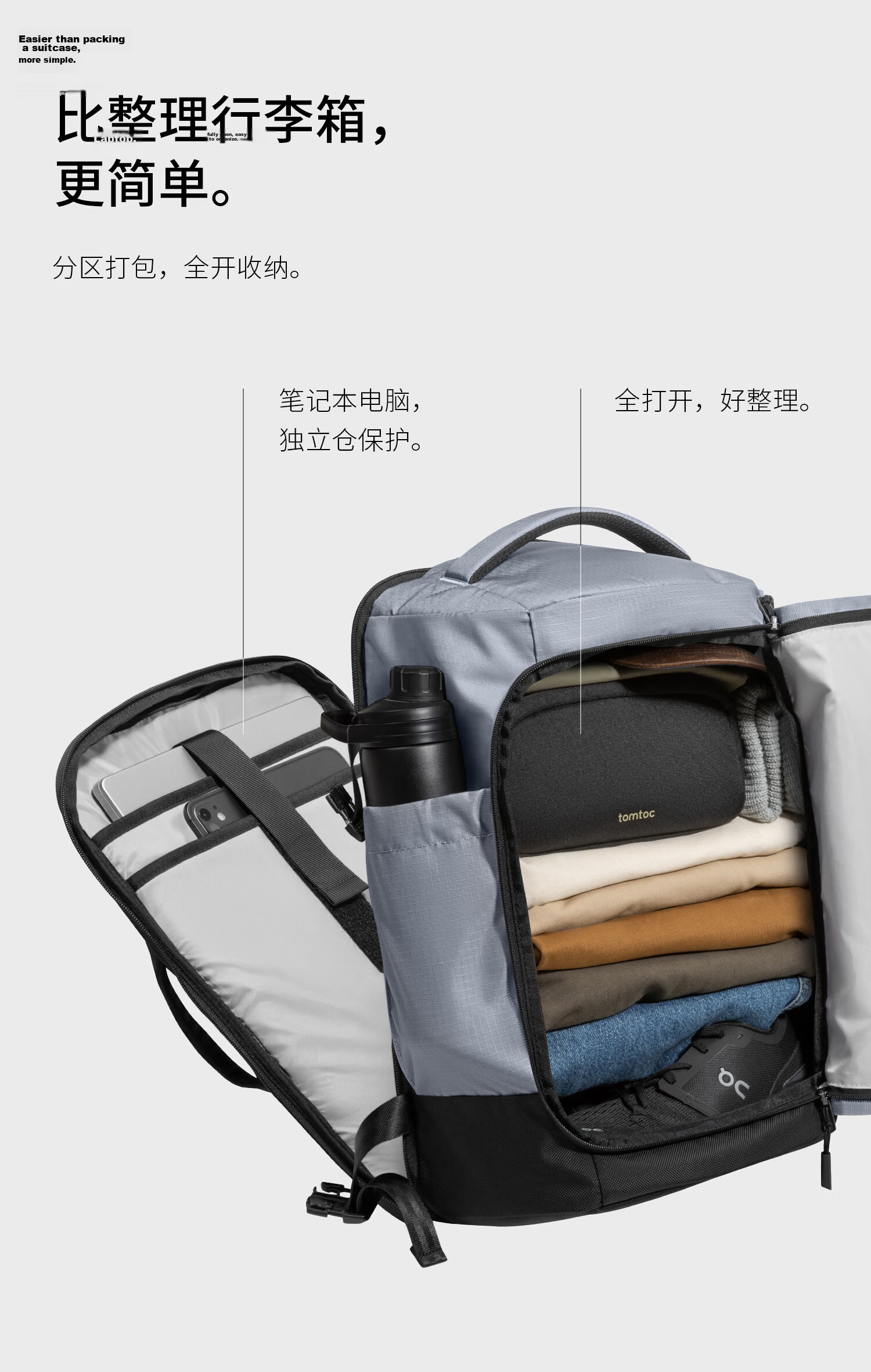 Tomtoc Travel Backpack Large Capacity 40L Carry-On Luggage Bag for Men and Women 17.3-inch Laptop Backpack 4