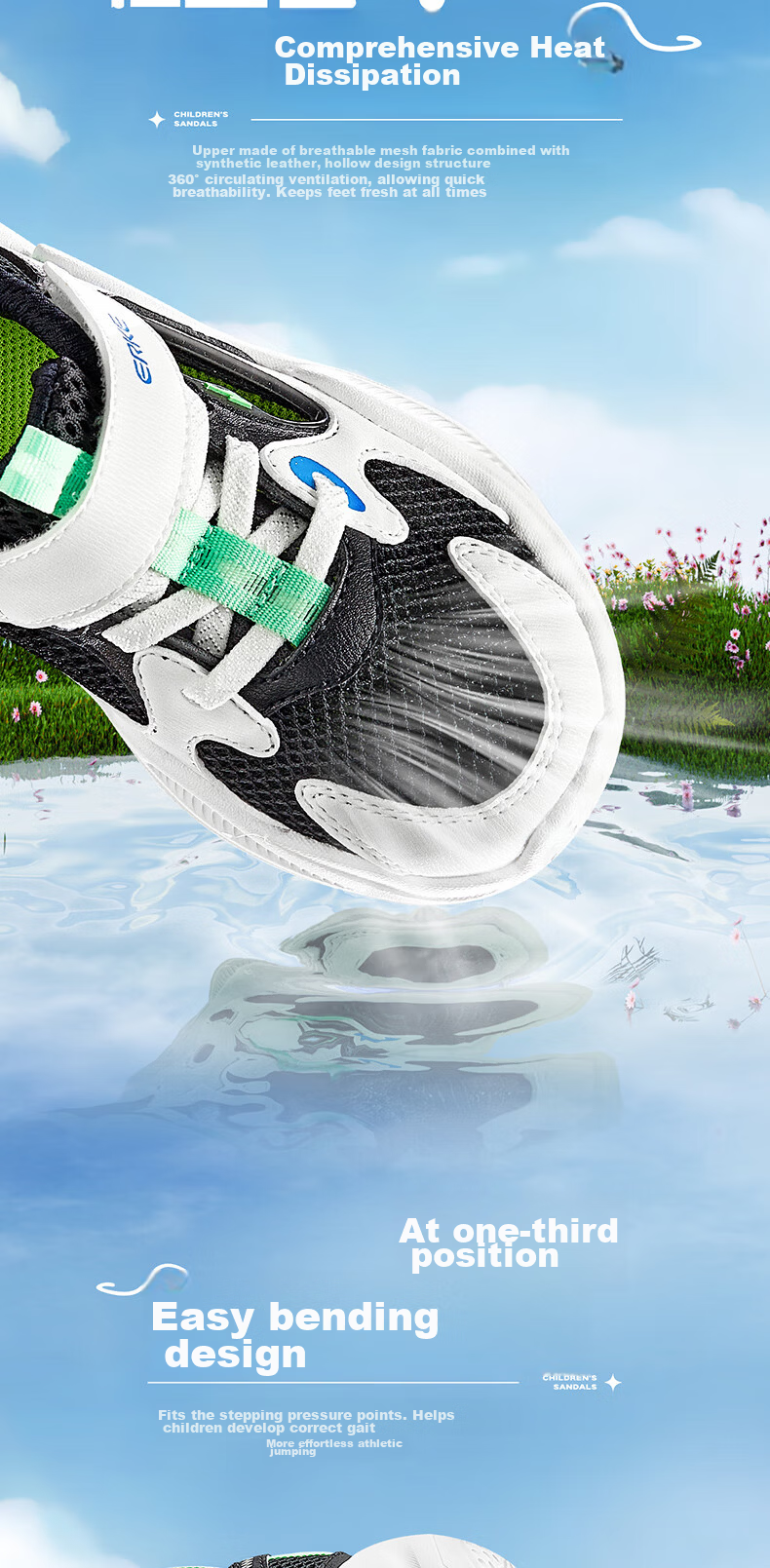 ERKE Children's Shoes, Boys' Velcro Casual Shoes, Kids' Summer Hollow Sandals, Black/micro-Crystal White/Lime Green, Size 36 3