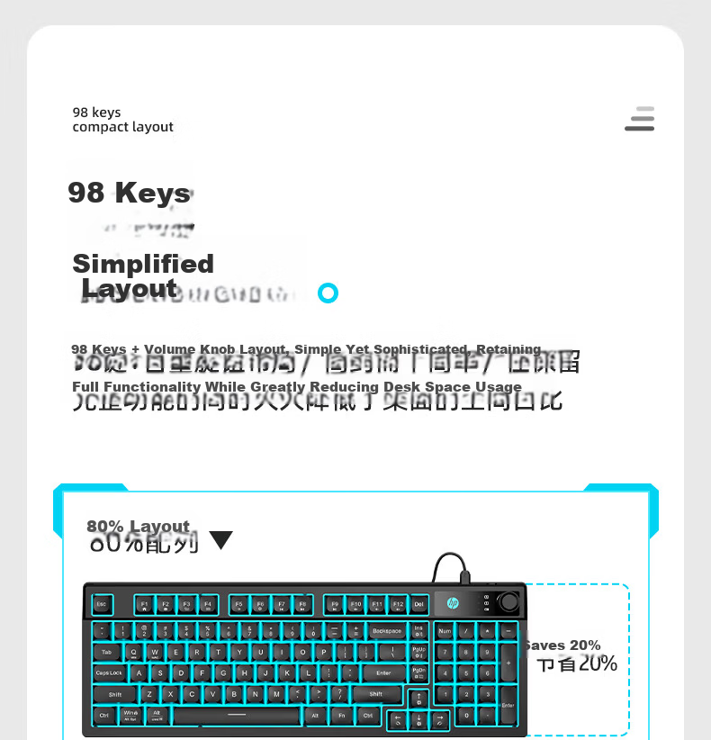 HP K500F Mechanical Feel Wired Keyboard, Quiet Multifunctional Knob Office Gaming Desktop Laptop Universal, Green And White 18
