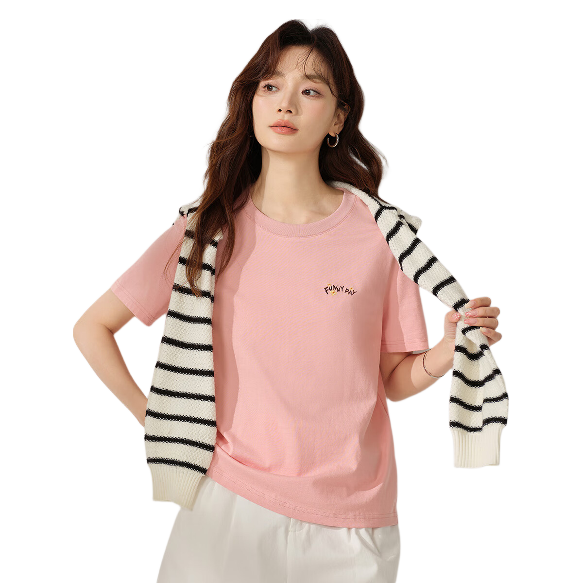 INMAN Women's 2025 Summer Embroidered Comfortable Simple Pullover Loose Fit Cotton Short Sleeve T-Shirt Sakura Pink S