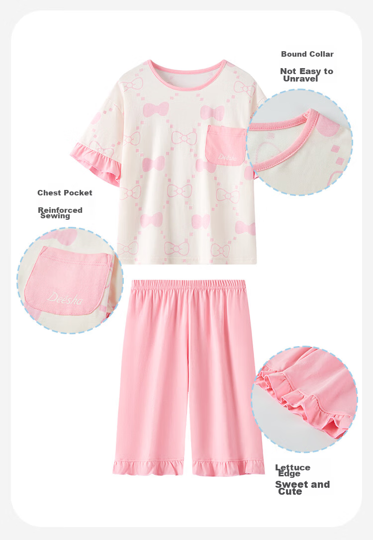 DEESHA [7A Antibacterial Cotton] Girls' Spring And Summer Short-Sleeve Shorts Pajama Set, Baby Two-Piece Sleepwear 2