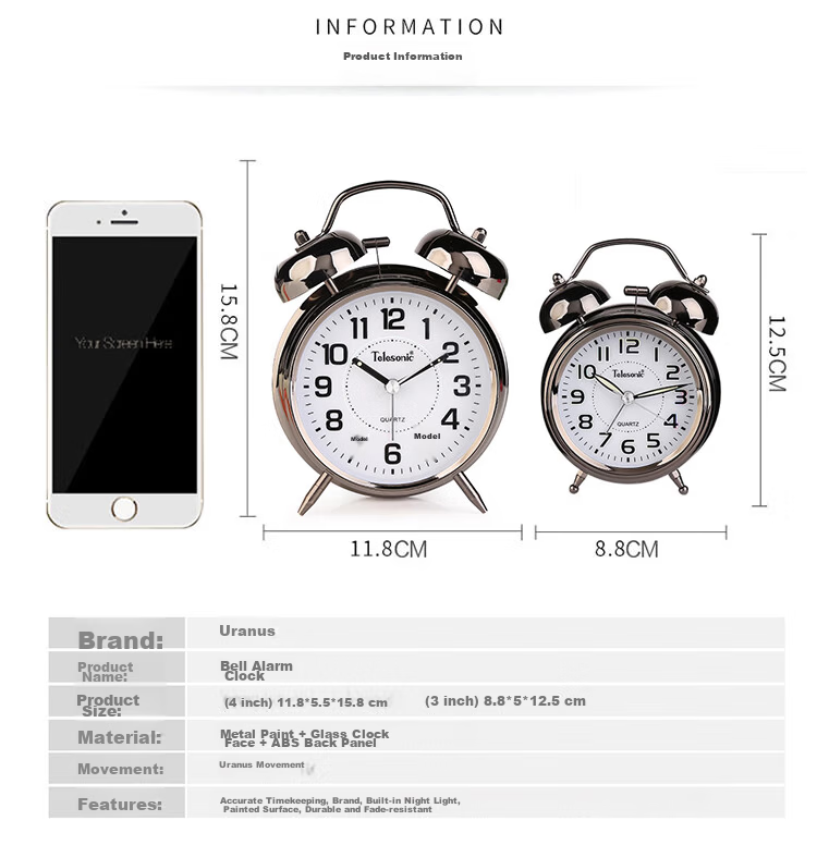 Telesonic Alarm Clock, Creative Design for Students And Children, Loud Bell Sound, Bedroom Bedside Simple Night Light, Sweep Second Movement, Traditional Timepiece, Gift Item 2