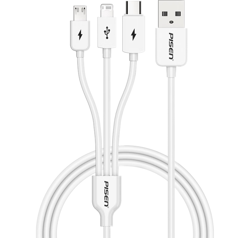 Pisen 3-in-1 Data Cable Apple Type-C Android Car Charger Multi-Head Cable Compatible with iPhone 17/16/15/14 Xiaomi Huawei AirPods Pro 3