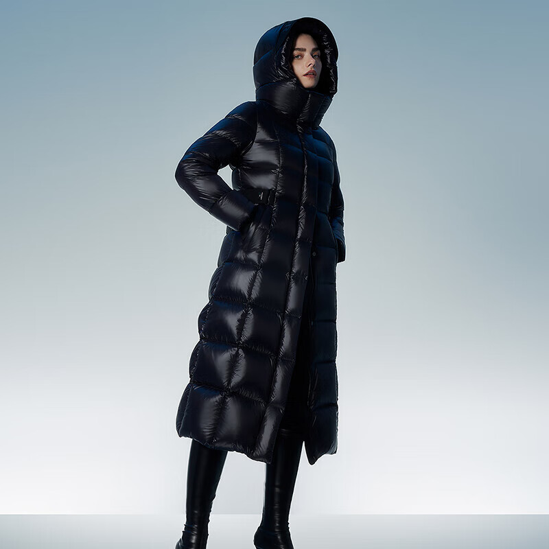 Tanboer Women's Long down Coat with Hood, Waist-Cinching Slimming Effect, Thickened Warm Ladies' down Jacket 550890D Aurora Black 160