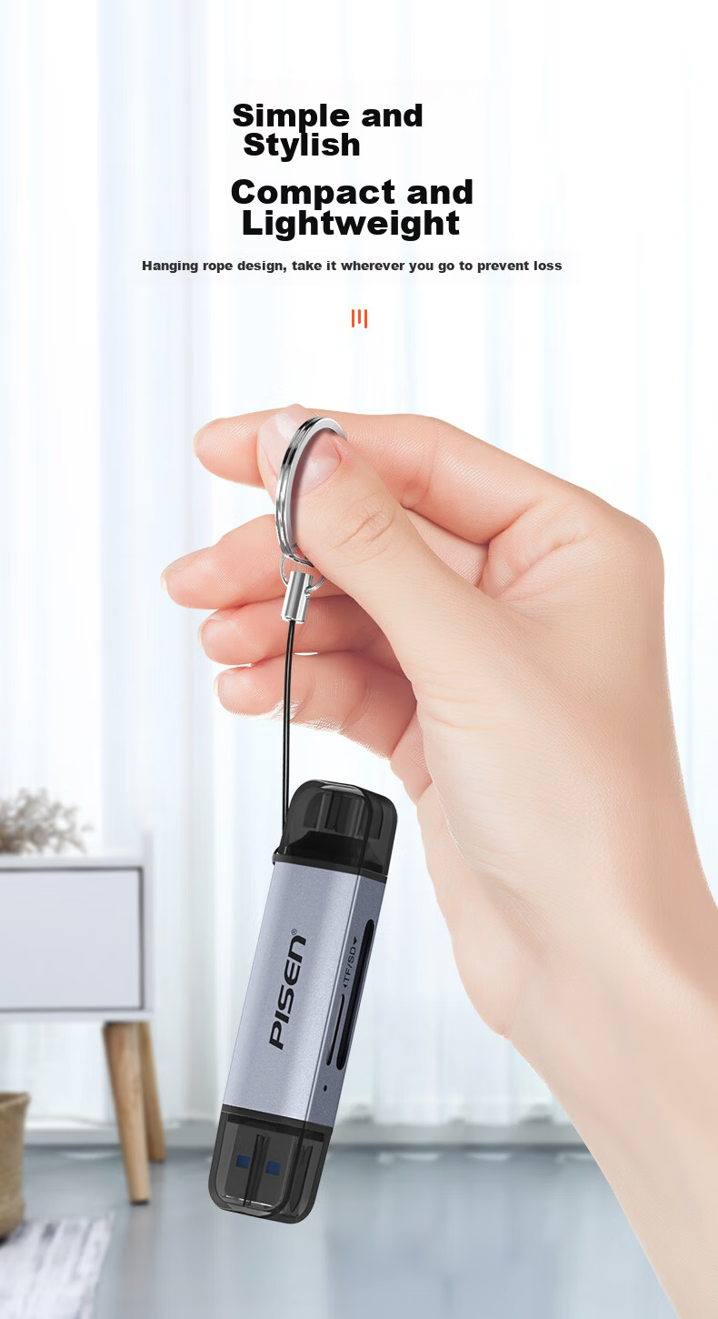 Pisen Type-C High-Speed Card Reader SD/TF Multi-In Card Reader Supports Computer, Apple 15/16 Phones, DSLR Cameras, Dash Cams, Surveillance Storage Memory Cards 8