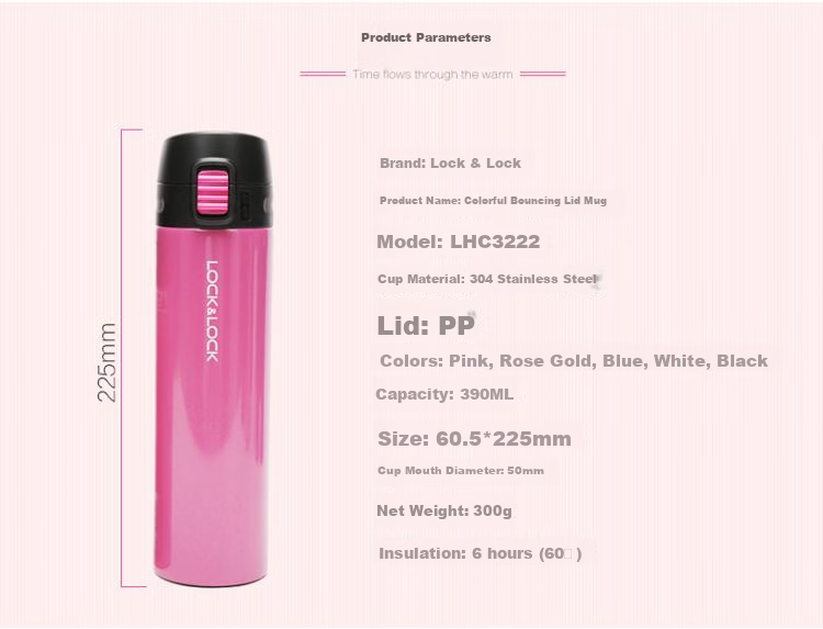 LOCK&LOCK Colorful Spring Lid Insulated Cup, 304 Stainless Steel, Business Portable Water Bottle for Men And Women, 390ML White 8