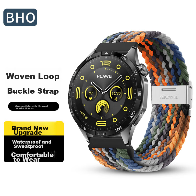 BHO Nylon Braided Loop Strap for Huawei Watch GT7 Pro/GT6 Pro/GT5/GT4/3, Watch 5/Watch 4 Pro/3/2, Honor Magic2 Smartwatch