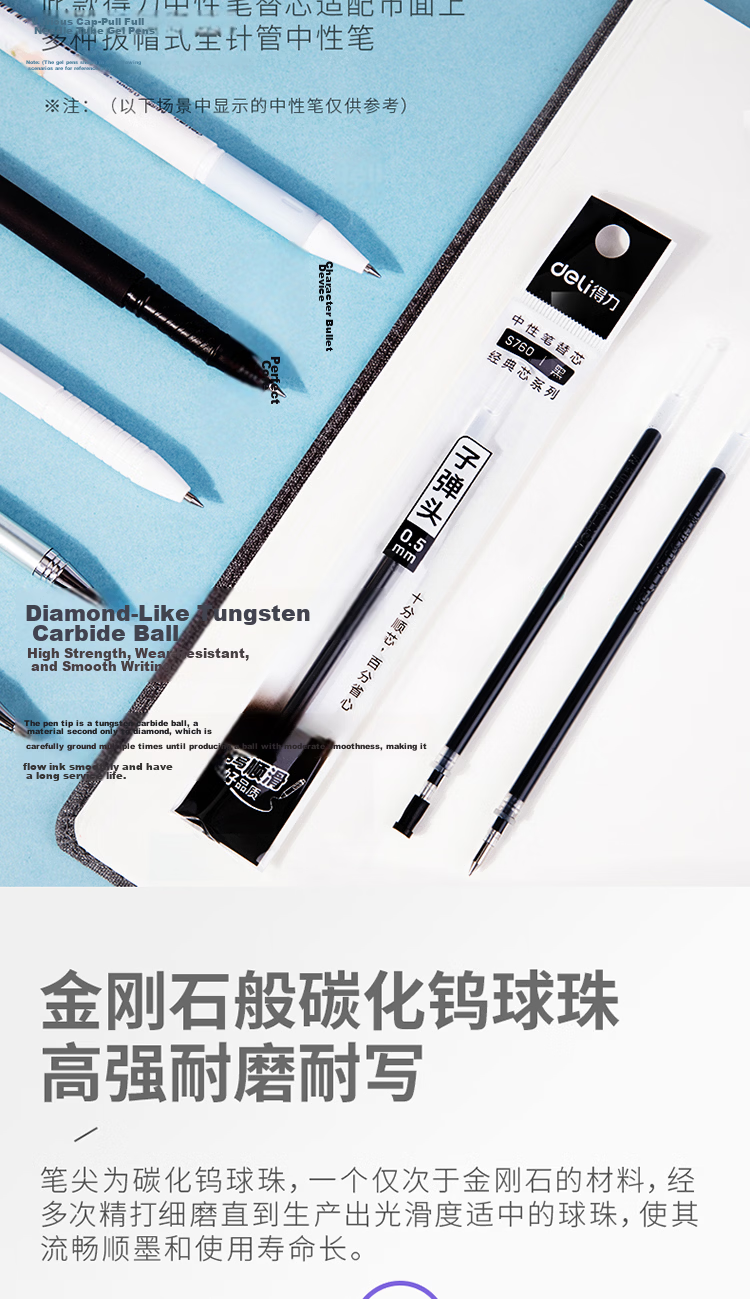 Deli Retractable Gel Pen Refills, 0.5mm Bullet Tip, Compatible with 6600/33109/Q7, Black, 20 Pieces/box, S790 Gaokao Exam 4