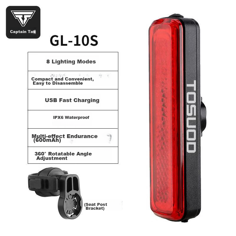 Captain Tas Bicycle Tail Light Type-C Rechargeable Waterproof Safety Night Riding Warning Road Mountain Bike Tail Light Accessory