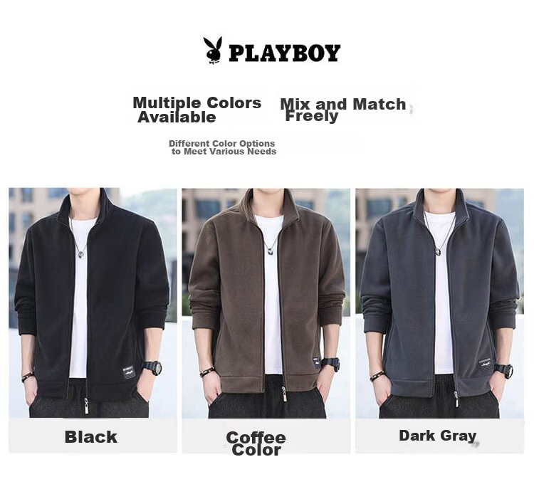 PLAYBOY Men's Jacket, Autumn Stand-Collar Fleece Coat, Loose Casual Outerwear, Dark Gray, 2XL 6