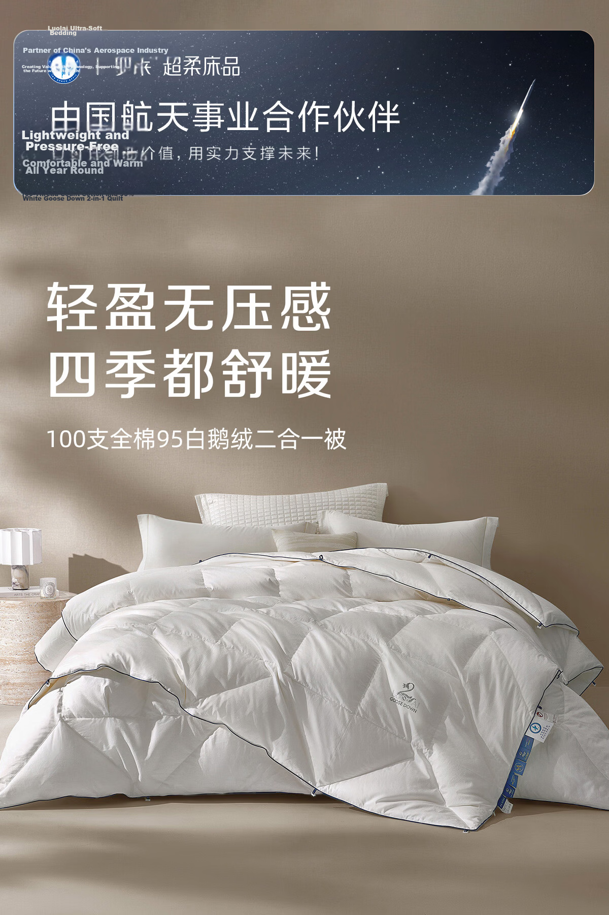 Luolai Home Textiles Down Quilt 100-Thread Count Cotton Class A White Goose Down Dual-Layer Quilt All-Season Filling 1kg 200*230cm 1