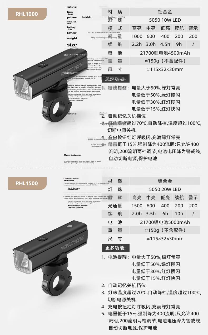 ROCKBROS Bicycle Light, Night Riding High-Beam Flashlight, TYPE-C Charging Front Light, Rain-Resistant Cycling Equipment, RHL1000 15