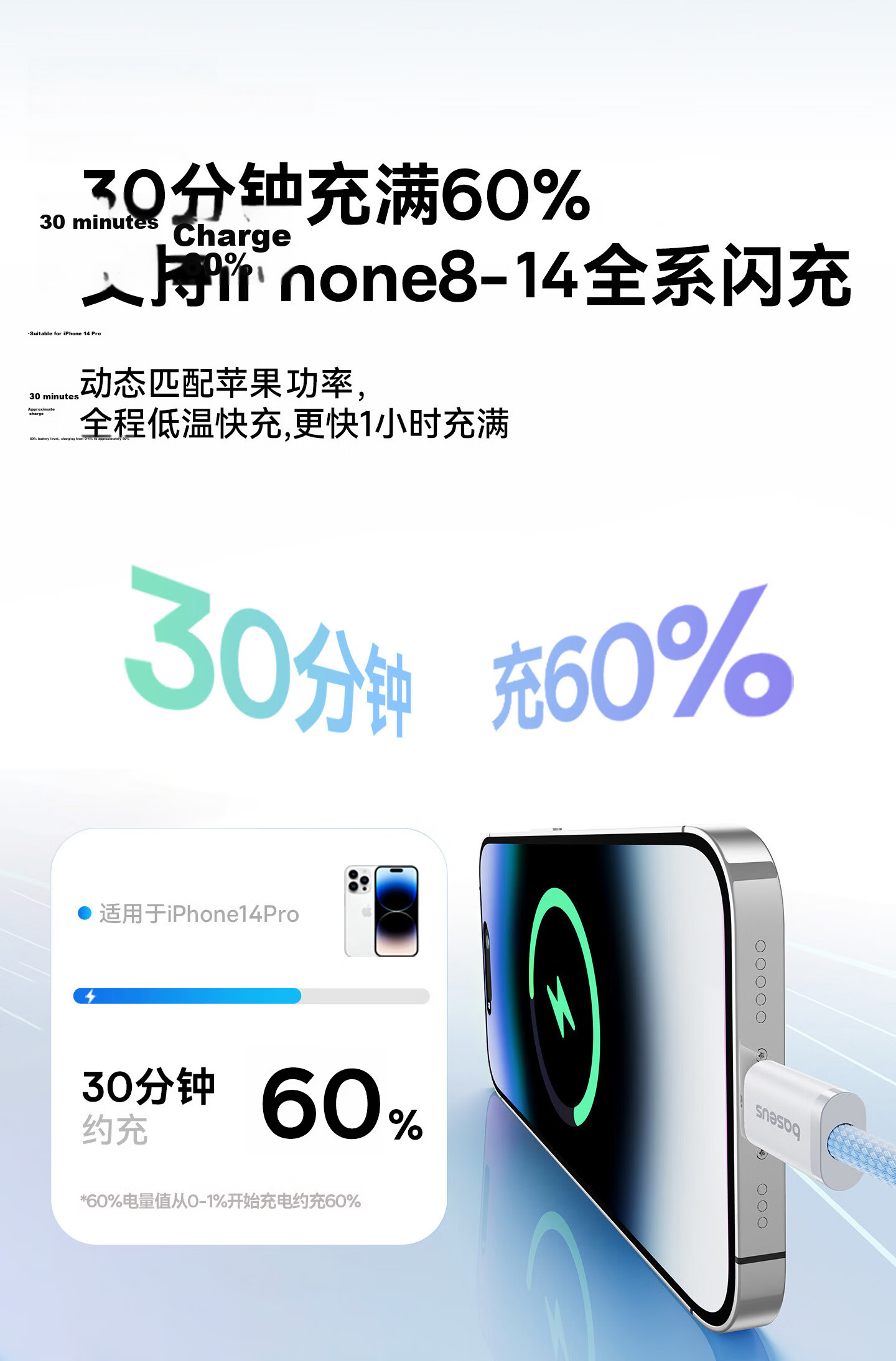 Baseus Apple Data Cable Fast Charging PD30/20W Lightning Braided Cable for iPhone 14/13/12 Pro Max/11/XS Car Phone 2M White 10