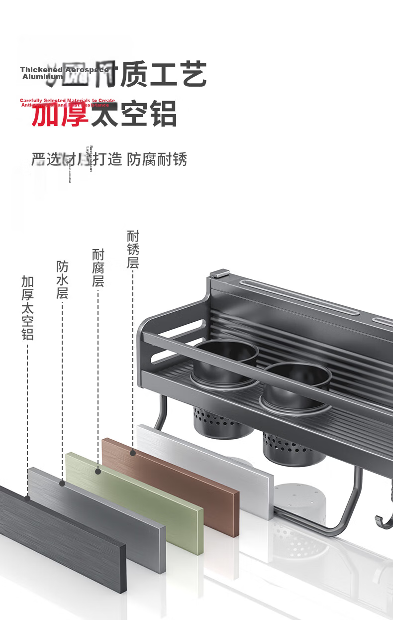 Yweel Gun-Gray Kitchen Spice Rack, No Drilling Required, Wall-Mounted Seasoning Shelf, Wall-Mounted Organizer, Space Aluminum Storage Rack 14