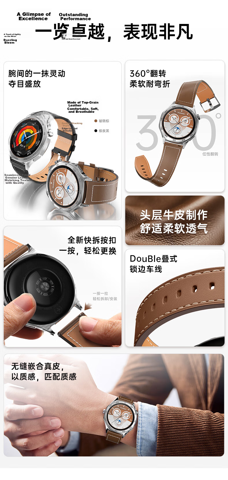 CangHua Genuine Leather Watch Strap for Huawei Watch5, Watch4Pro/4/3Pro, GT7/GT7Pro/GT6Pro/GT6/GT5/GT4/GT3/GT2 Men's Wristband 2