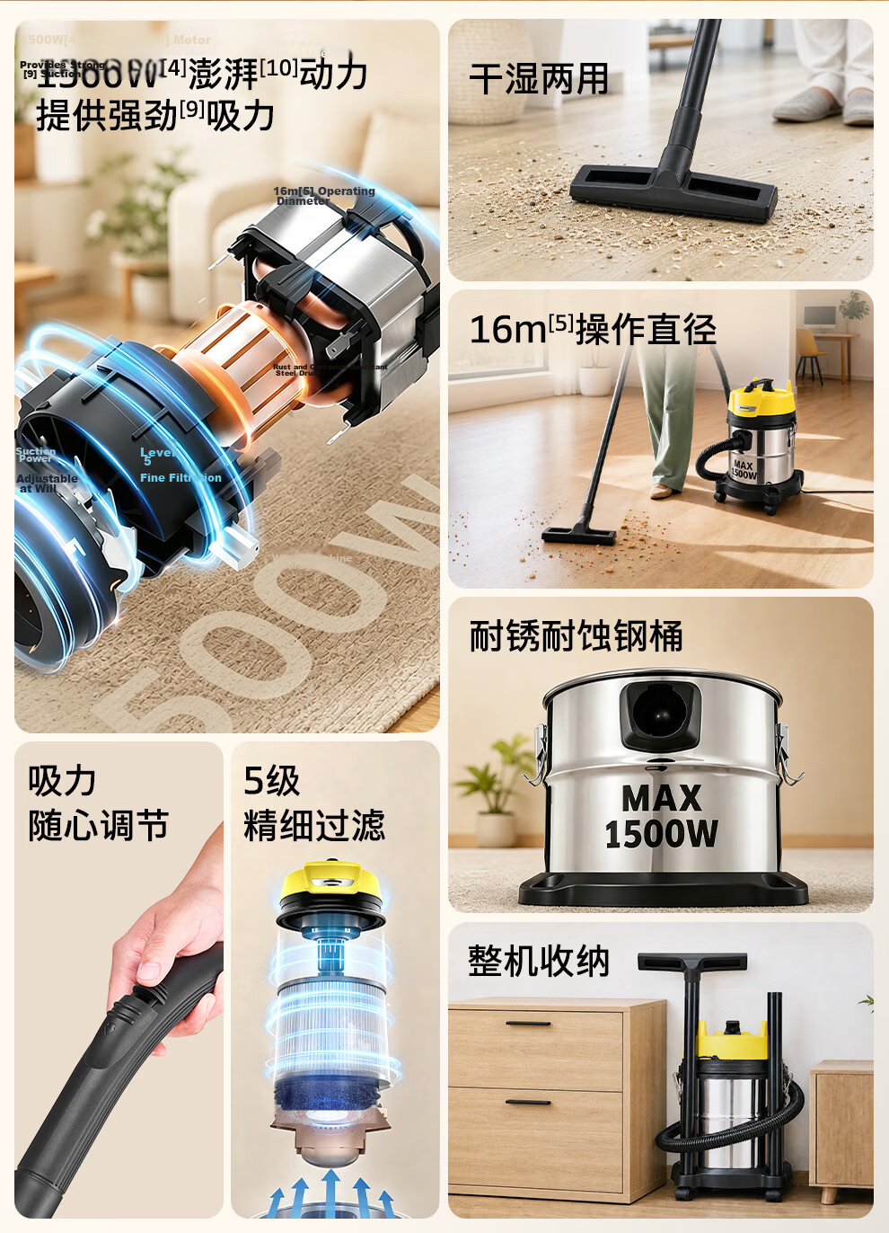 KARCHER German Stainless Steel Barrel Vacuum Cleaner, Wet And Dry Use, Industrial Commercial Cleaning, Carpet Pet High Suction Power Vacuum Cleaner 3