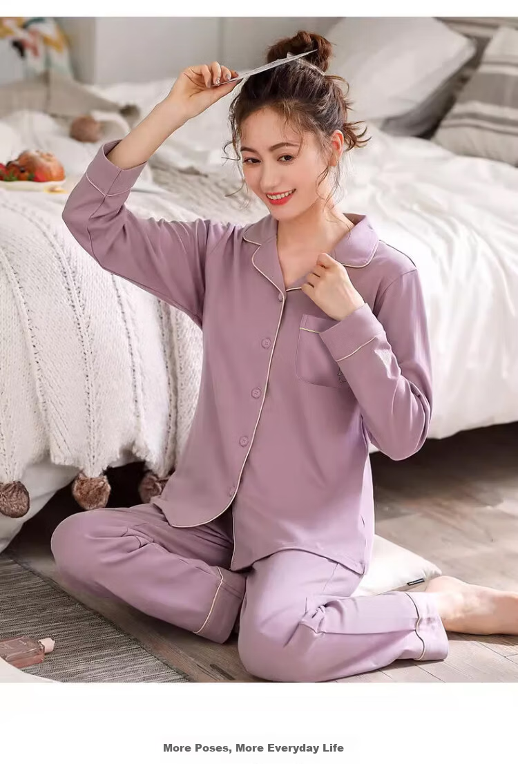 Langsha Women's Sleepwear (Antibacterial + Pure Cotton) Spring and Autumn Long Sleeve Long Pants Two-Piece Homewear Plus Size Winter Set 7